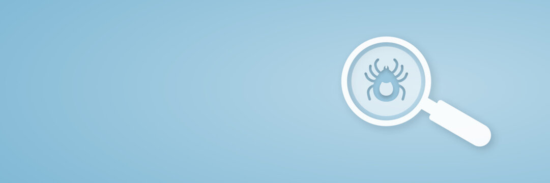 Clean header banner with a magnifying glass and a tick icon on a light blue background for medical health, parasite prevention, and tick bite awareness.