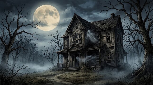 Eerie haunted house with ghosts and moon spooky night.