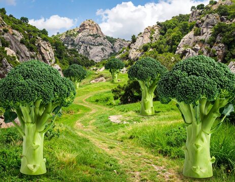 Lush green landscape with broccoli plants surrounded by rocky hills and blue sky