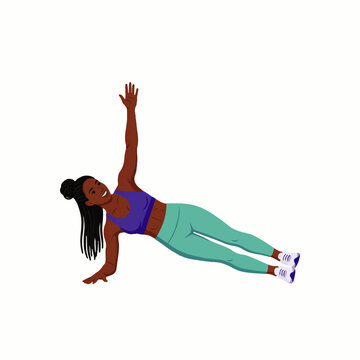 Vector illustration of a Black woman performing a side plank exercise pose in sportswear