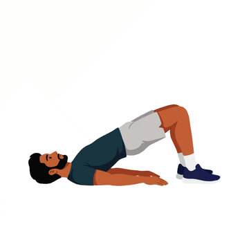 Man performing glute bridge exercise or hip thrust workout on white background, flat vector illustration of person practicing physical fitness and wellness