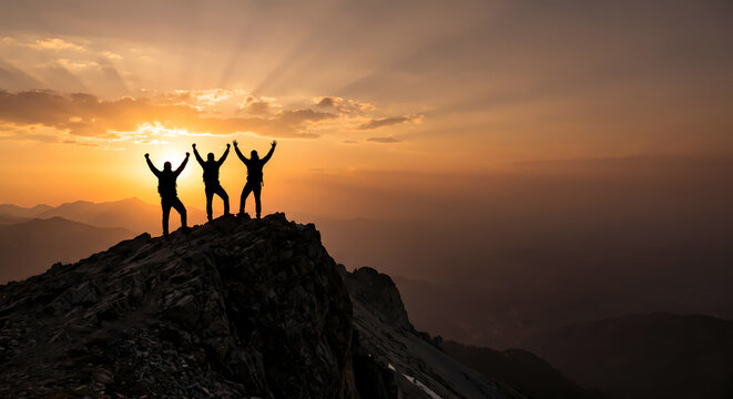 Three hikers stand on the high summit of a rugged mountain range while raising their arms to celebrate reaching the peak during a vibrant golden hour sunset in the wilderness across the horizon