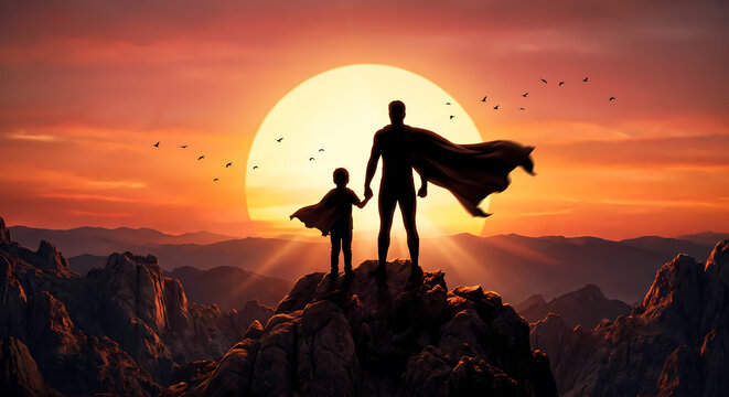 A brave father and his young son wearing superhero capes stand together on a rugged mountain peak while watching the bright orange sun descend over a vast horizon during a beautiful summer