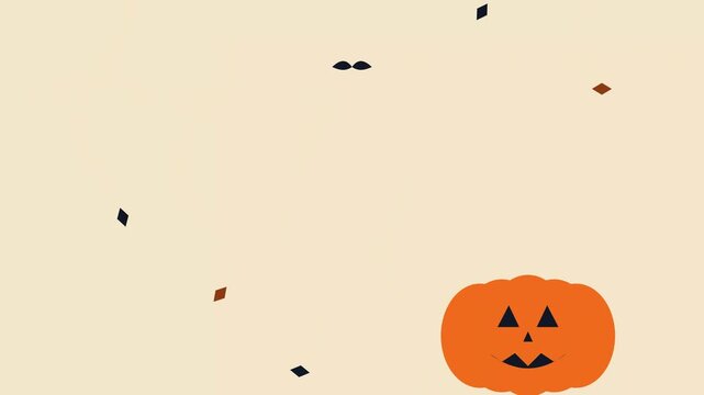 Halloween Pumpkin Jack O Lantern with Falling Autumn Leaf Shapes on a Beige Background