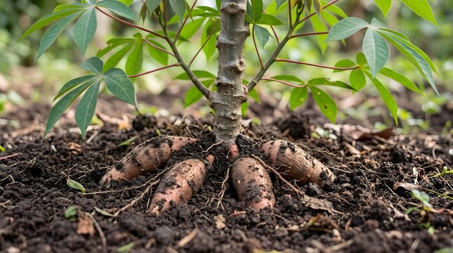 Close-up of a cassava plant with visible roots and tubers in rich soil.