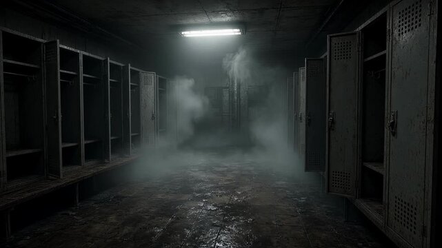 Eerie hallway with bunk beds and fog cinematic motion suspenseful lighting concept of isolation dark atmosphere