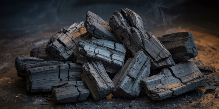 A pile of dark, cracked charcoal pieces on a dark, textured surface. Smoke or mist is faintly visible in the background, creating an atmospheric effect