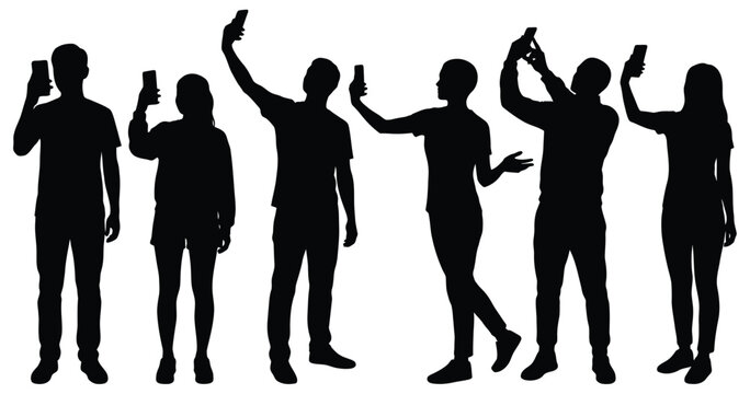 People taking selfie pictures holding smartphones recording videos mobile phone silhouettes icon set vector illustration