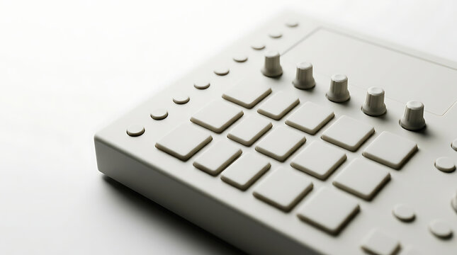 Minimalist White Music Sampler Drum Pad Controller With Knobs And Buttons On Clean Bright Studio Background