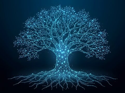 Glowing digital tree of life with interconnected blue network lines