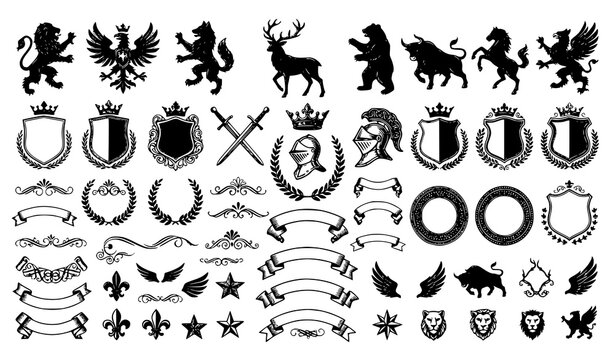 Set of hand drawn heraldic elements including shields crowns animals banners and decorative vintage ornaments for design