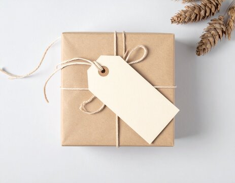 Elegant beige gift box wrapped with twine and blank tag, minimalistic home decor arrangement