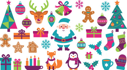 Fototapeta premium Colorful christmas holiday celebration cartoon elements and winter characters set