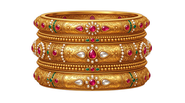 Traditional gold bangles with red ruby gemstones and pearls, luxury bridal gold jewelry bangles for wedding fashion, ornate metallic gold bracelets isolated PNG with Transparent Background
