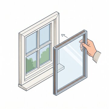 Illustration of installing a double glazed window pane for insulation
