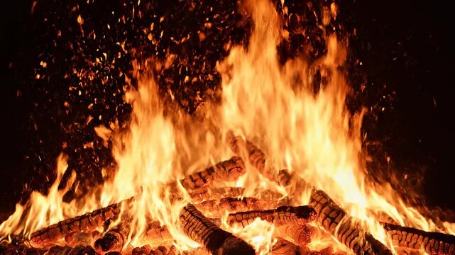 Crackling campfire burning with glowing embers and sparks during the night providing warmth and light