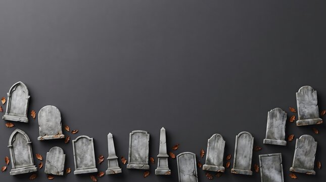Miniature toy tombstones arranged in a row against a dark background for a spooky halloween concept