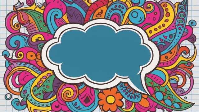Vibrant hand drawn doodle illustration featuring a central empty cloud shaped speech bubble on a colorful patterned background
