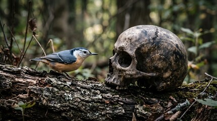 Obraz premium A small nuthatch bird perched on a log next to a weathered human skull