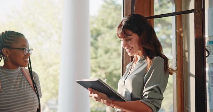 Professor, students and arrival at college with book, higher education and writing on class register. Happy, teacher and people enter lecture at university with morning, checklist and attendance.