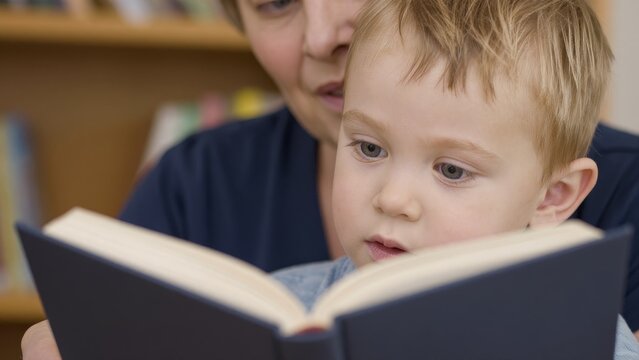 Caring adult reading a book to an engaged young child indoors