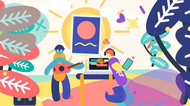 Flat design corporate memphis animation of creative people playing guitar and using a laptop in a vibrant outdoor setting