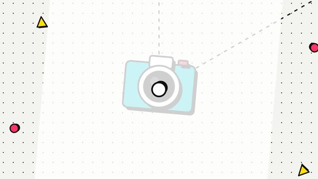 Pop art animation featuring hobbies icons like a camera vinyl record and painting palette on a dot grid background