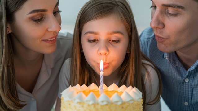 Joyful Girl Blowing Out Birthday Candle with Parents by Cake