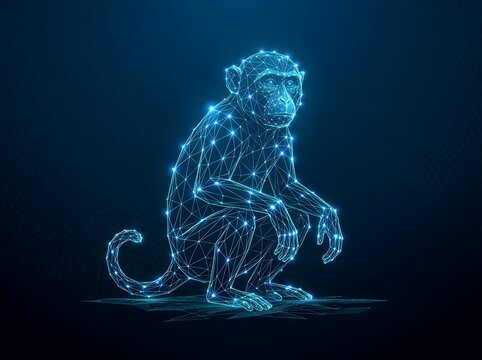 Digital blue monkey sitting in a glowing wireframe networking style