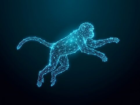 Digital wireframe monkey jumping in mid air against dark background