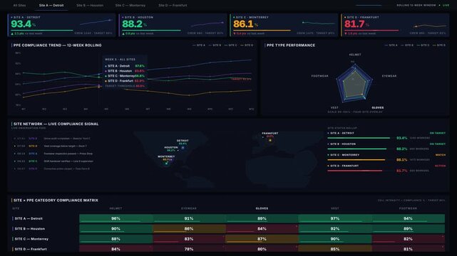 Visualize compliance trends with a personal protection dashboard showcasing multi-site industrial performance metrics and dynamic charts for effective safety management.