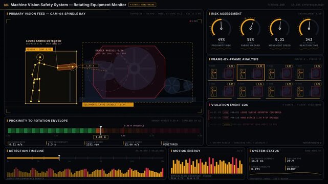 A machine vision dashboard monitors unsafe clothing near rotating equipment, highlighting hazards and providing real-time risk assessment for industrial safety applications.