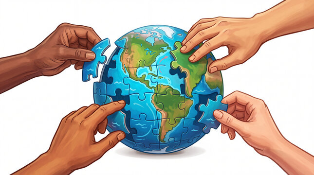 Diverse Hands Assembling 3D Spherical Earth Puzzle on White Background