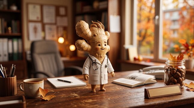 Anthropomorphic ginger root doctor in white coat on office desk