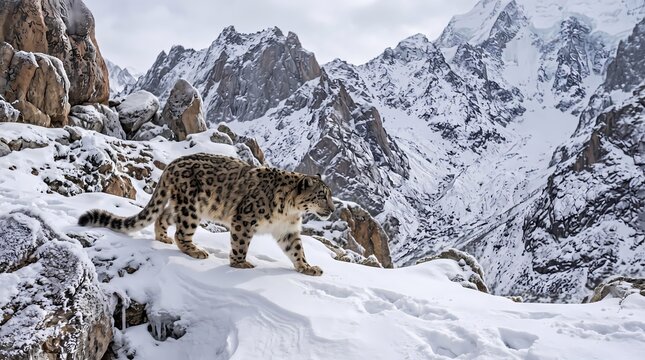 Majestic snow leopard walking across a snowy mountain ridge in the high altitude winter wilderness