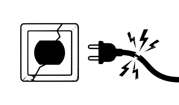 Flat vector electrical hazard icon set with broken plug wall socket and dangerous voltage lightning symbols