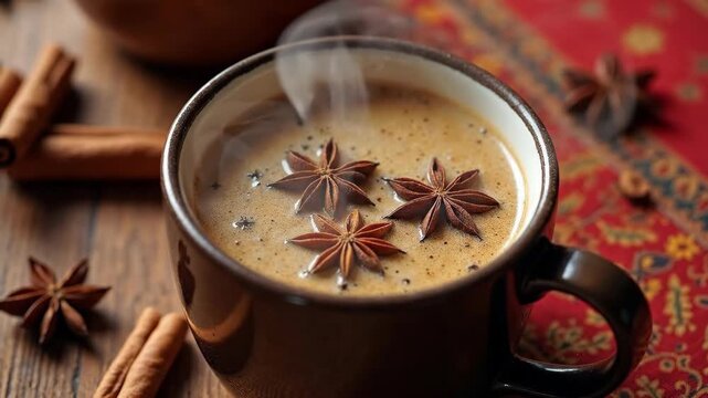 Steaming mug of chai tea with star anise and cinnamon sticks on a cozy table.