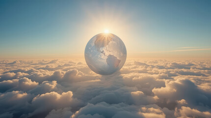 Fototapeta premium Radiant globe above cloudscape symbolizing global unity and peaceful connection