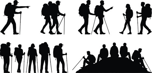 Set of black silhouettes depicting hikers with backpacks and trekking poles walking and resting on a mountain summit isolated on a white background, for travel themes © Ahila