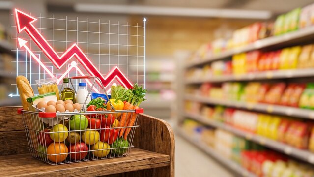 Grocery basket full of food with a rising price chart representing food inflation and grocery cost increase concept