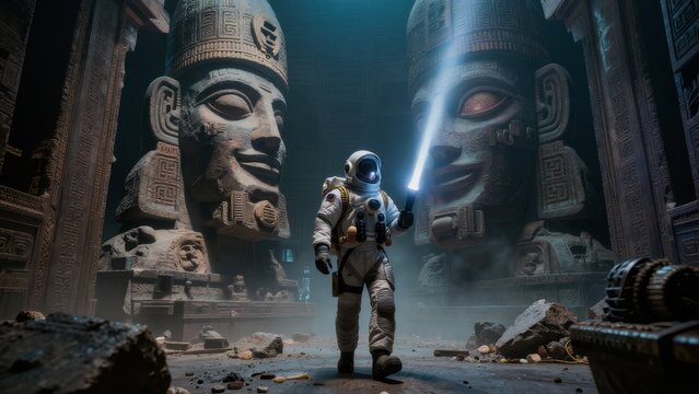 Astronaut Exploring Ancient Temple Ruins with Stone Monuments