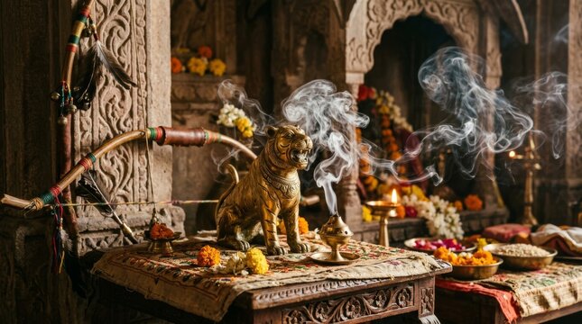 Golden tiger statue with incense smoke in intricately carved temple interior with ceremonial setting