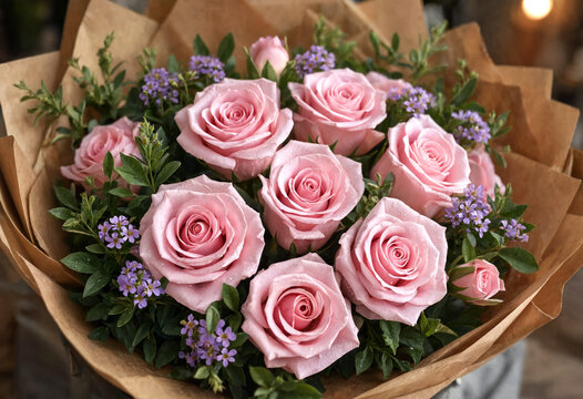 Beautiful bouquet of pink roses wrapped in kraft paper for elegant gift presentation