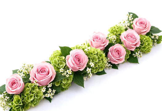 Beautiful floral arrangement featuring pink roses and green hydrangeas on white surface