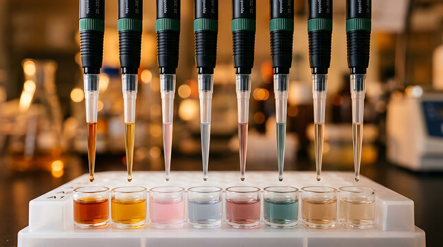 Multichannel pipette dispensing colorful liquids into a 96 well microplate