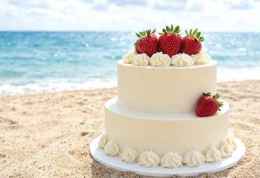 Beautiful two tier strawberry decorated cake on beach sand near ocean