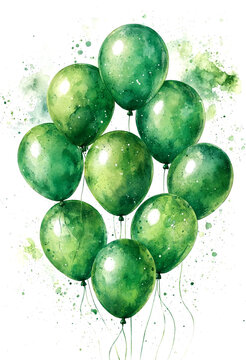 Beautiful watercolor style green balloons floating together artistically designed illustration