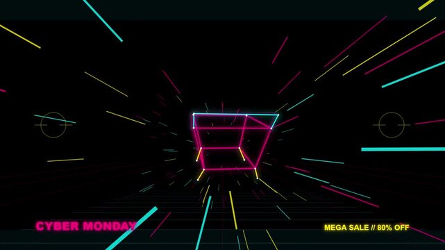 Cyber Monday Mega Sale 80 Off Motion Graphic, Retro Neon Wireframe Shopping Cart Video, Futuristic Cyberpunk Promo Background