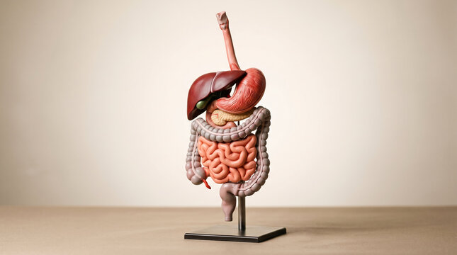 Anatomical model of human digestive system organs displayed on stand