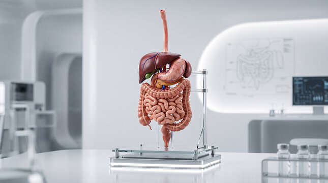 Anatomical human digestive system model displayed in a modern laboratory setting
